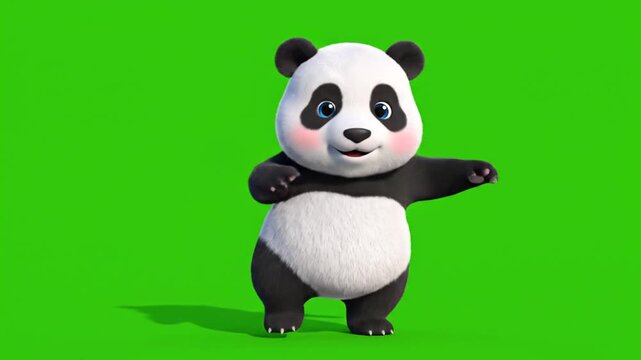Panda 3d, a cheerful panda performs fun and adorable dance moves, against a green screen background.
