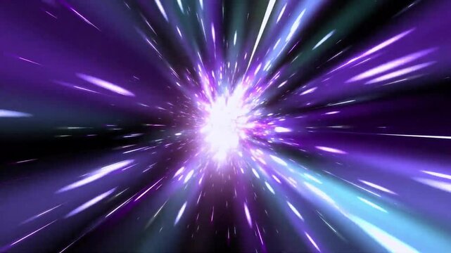 Hyper speed light streaks tunnel loop animation with purple and blue glowing rays in deep space travel