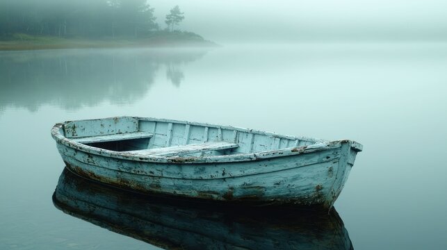 Misty lake scene with weathered boat