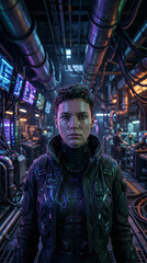 Obraz premium Cyberpunk Serenity: Vertical Portrait of Raw Peace in UV-Lit Factory 