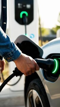 Man plugs charger into electric car at a VSRExport location in the daytime