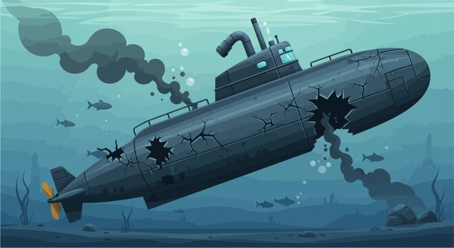 A damaged submarine sinking underwater with smoke and debris escaping from its hull.