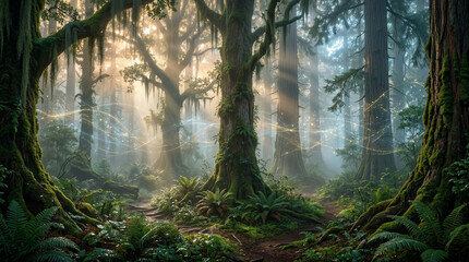 Obraz premium Ethereal Biohacking in Primordial Misty Forest with Data Flow