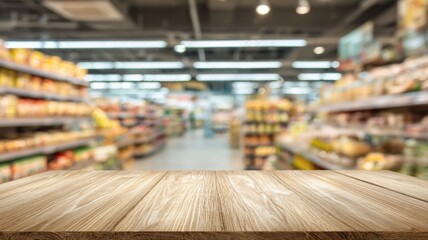 Fototapeta premium Wooden Tabletop with Blurred Supermarket Aisle Background for Product Display, Mockup, or Advertising