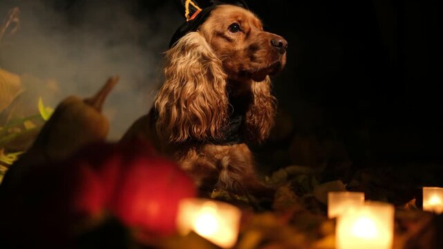 Adorable english cocker spaniel wearing a witch hat sits among pumpkins and candles in a dark, smoky forest, celebrating a spooky halloween night with a mysterious and magical atmosphere