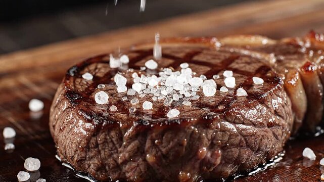 Grilled steak with coarse sea salt falling on top meat 4K Video