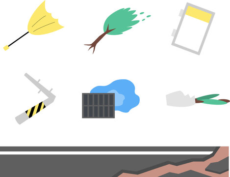 Typhoon Damage Icon Set, Storm Disaster Elements Collection with Wind Impact Illustration