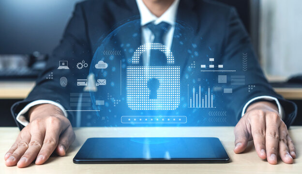 Cybersecurity protection system showing password encryption, fingerprint ID, cloud security, email, credit card, and database lock for secure data access Vouch