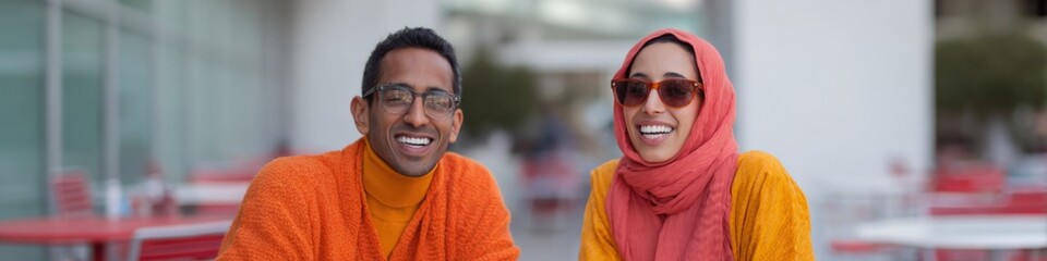 Obraz premium Smiling couple male female asian adult in colorful sweaters and hijab seated outdoors at cafe enjoying a bright friendly moment