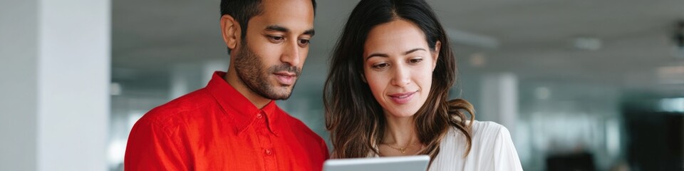 Fototapeta premium Adult male south asian and young adult hispanic female reviewing documents together in a bright modern office focused on a tablet and collaborating professionally