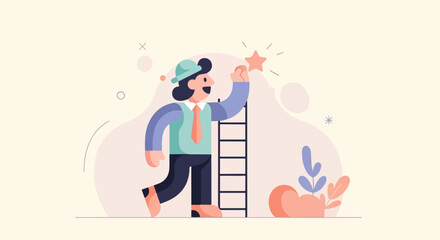 Obraz premium Reaching for a star with a ladder, concept of success and achievement