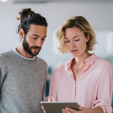 Male caucasian female caucasian reviewing tablet together in office natural light two adults collaborating adult male adult female