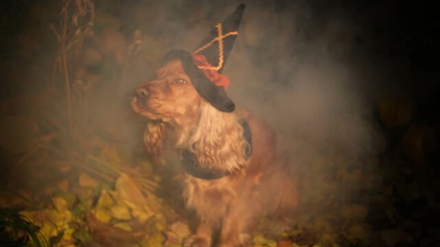 Cute english cocker spaniel wearing a witch hat as a halloween costume, sitting among autumn leaves and smoke in a dark and spooky setting, looking around with a funny expression
