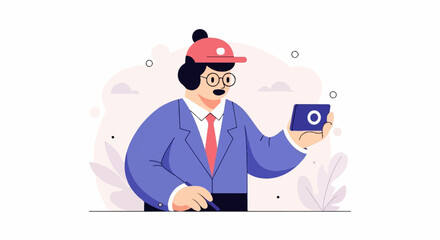Fototapeta premium Stylized person in a suit and hat holds a tablet, with abstract shapes