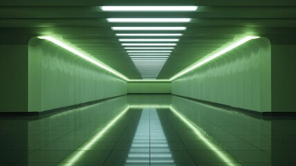 Fototapeta premium Futuristic Green Lit Tunnel with Reflections: Modern Architecture, Abstract Design, and Technology Concept