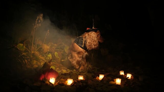 Cute english cocker spaniel dog wearing a witch costume with a pointed hat for halloween, sitting in a dark, foggy forest at night surrounded by glowing candles and a small pumpkin
