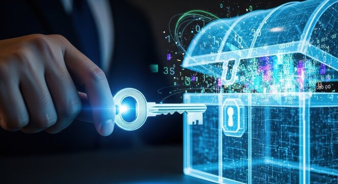 Cinematic shot of a hand holding a glowing key unlocking a digital treasure chest of data
