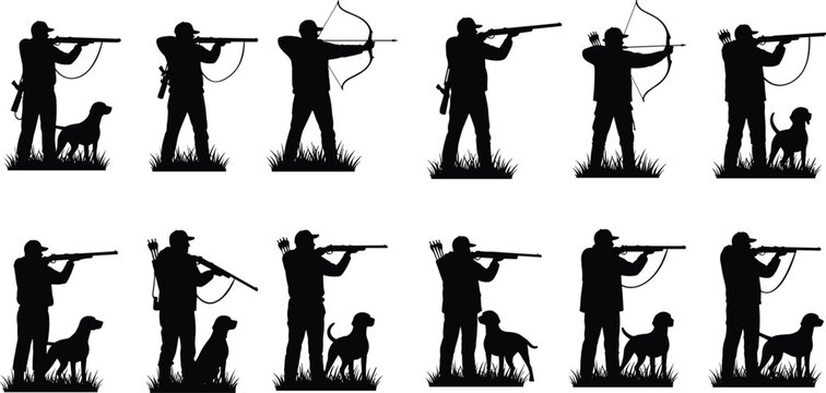 Hunter silhouettes set with hunting dogs rifles and bows isolated on white background, outdoor sport and hobby vec