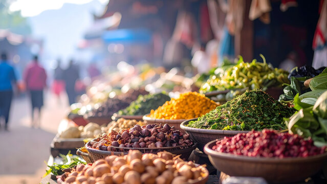 Vibrant bowls of exotic spices in a bustling bazaar. Ideal for international recipe books or luxury spice brand storytelling.