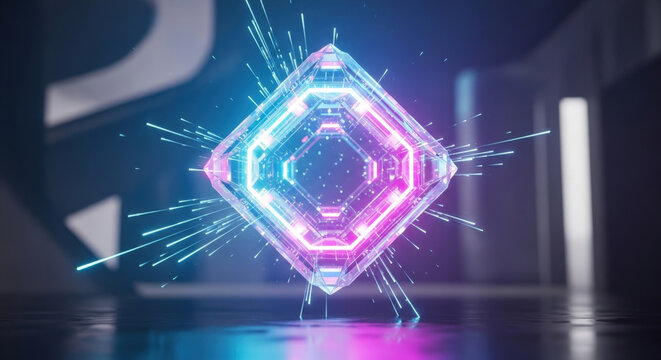 Abstract Futuristic Octahedron Centered Glowing Neon Light Beams Explosion Effect Background Holographic Technology