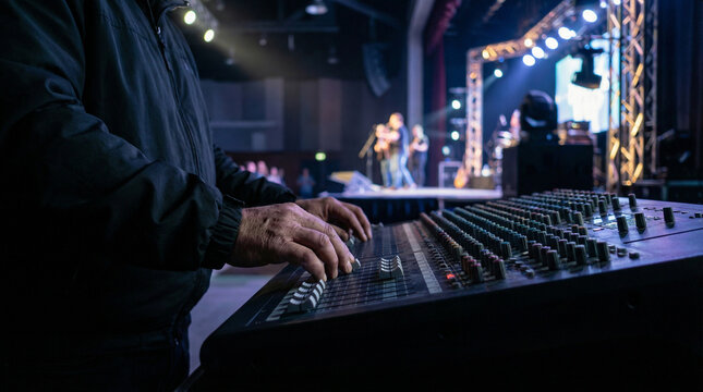 Sound engineer operating mixing console at live concert