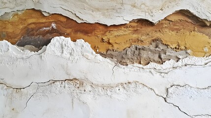 Fototapeta premium Up close, the deteriorating ceiling paint reveals layers of color and texture, offe a unique abstract background with visible cracks and a peeling surface.