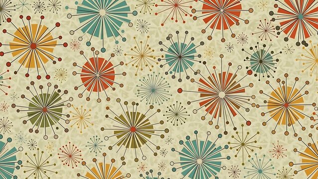Retro Atomic Age Wallpaper Design with Colorful Starburst Illustrations and Distressed Texture for Nostalgic Interiors