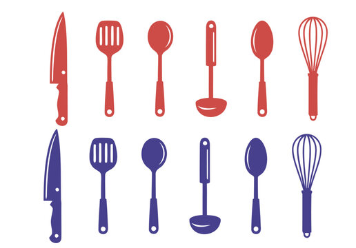 Red and blue kitchen utensils set with knives spatulas spoons ladles whisks for cooking baking with cooking tools