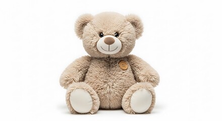 Fototapeta premium Charming, cuddly plush teddy bear with soft brown fur, sitting peacefully on a bright white background, symbolizing childhood comfort and warmth, ideal for heartwarming projects