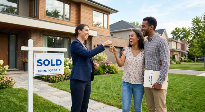 Real estate agent handing over house keys to a happy couple in front of their new home.