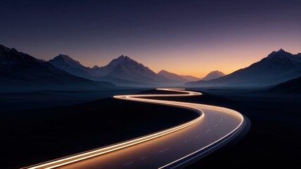Fototapeta premium Scenic Mountain Road at Dusk with Winding Path and Light Trails for Travel Concepts