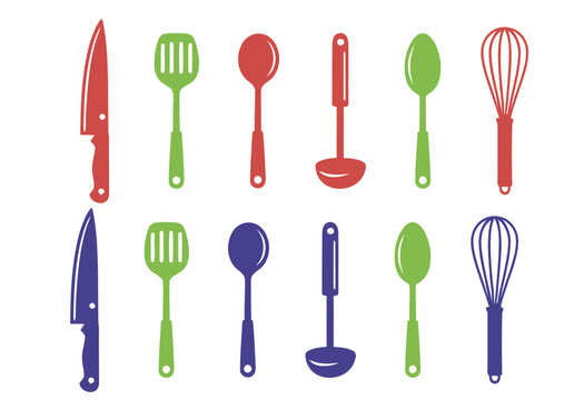 Colorful kitchen utensils set with knives spatulas spoons ladles whisks for cooking and baking with cooking tools