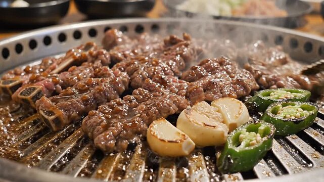 Korean BQ Ribs and Vegetables Grilling on a Hot Plate 4K Video