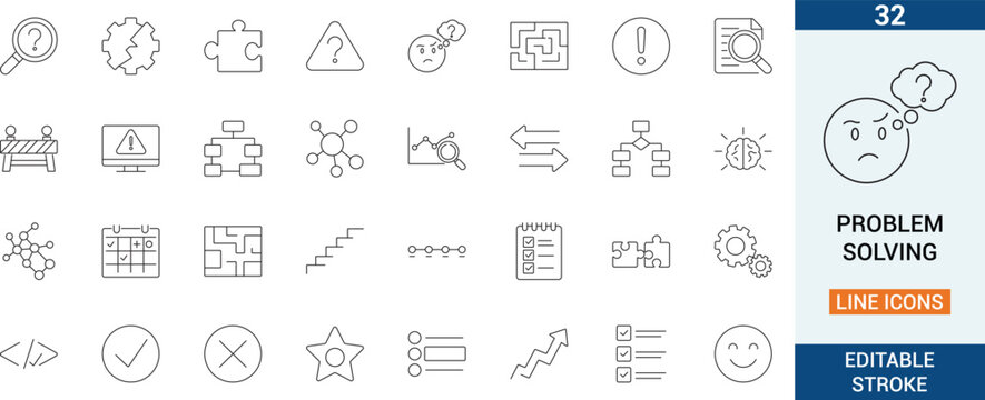 Outline icon set focused on problem solving concepts, including analysis, strategy, decision making, and solutions, ideal for UI design, workflow visuals, and productivity tools.