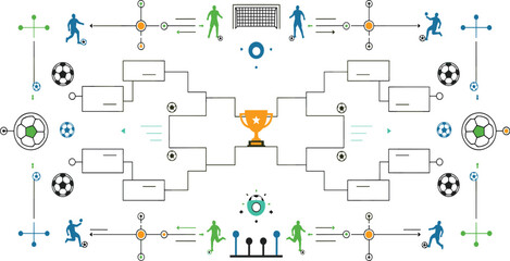 Obraz premium Soccer Tournament Bracket Template Featuring Football Players, Match Fixtures, and Trophy Icon for Sports Competition, Championship Planning, and Game Infographic Design Projects.