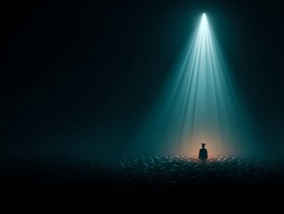 Fototapeta premium A lone person stands under a beam of light, radiating a mysterious atmosphere. The person is surrounded by many small items. The light is shining from above