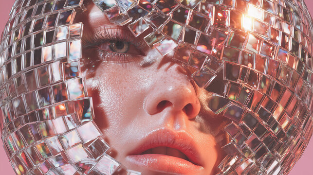 a woman with her face covered by a disco ball on a pink background, with shiny silver and gold shades of color. Made with AI