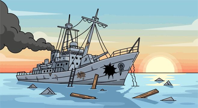 A damaged ship with a large hole in its hull, emitting smoke, sinking in the ocean with debris and shark fins around it at sunset.