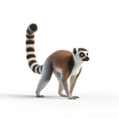 Obraz premium Ring Tailed Lemur Standing Isolated on White Background, Striking Tail Pattern, Wildlife Conservation Illustration