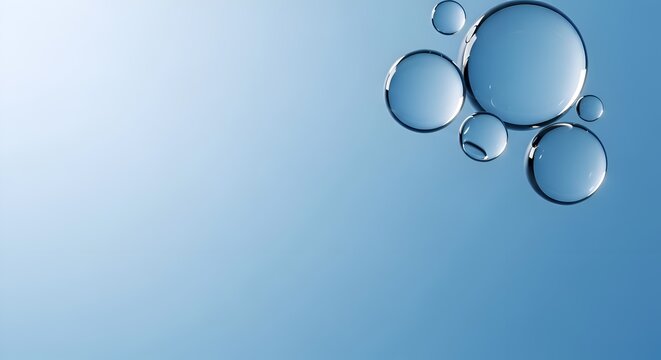 Clear blue water bubbles floating on gradient blue background
