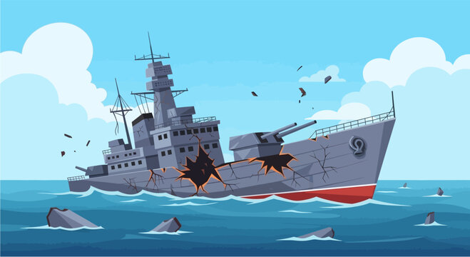 Cartoon illustration of a damaged grey battleship sinking in the blue ocean with debris flying around it under a cloudy sky.