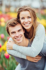Naklejka premium Lovely couple romantic moment. A man and woman embracing in a field of vibrant tulips, their faces lit up with joy. The background is slightly blurred, emphasizing the focus on the couple.