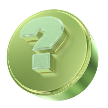 3D render of a glossy lime green circular button with an embossed question mark icon