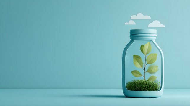 A small plant grows in a glass bottle with clouds above