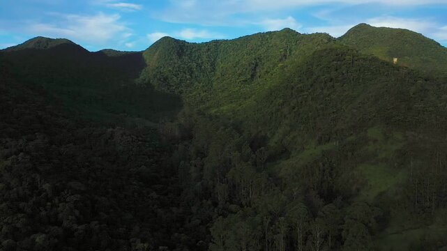 Aerial view of a dense tropical mountain forest at sunset with deep shadows and golden light on the canopy