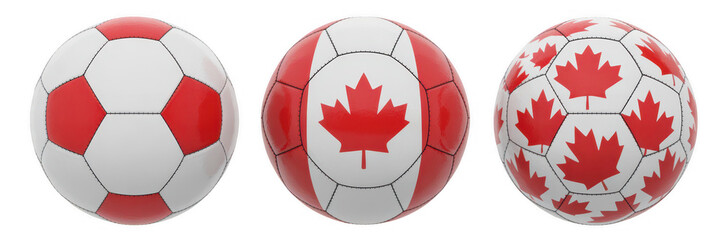 Fototapeta premium Three soccer balls with canadian flags and maple leaves sports equipment isolated on a transparent background