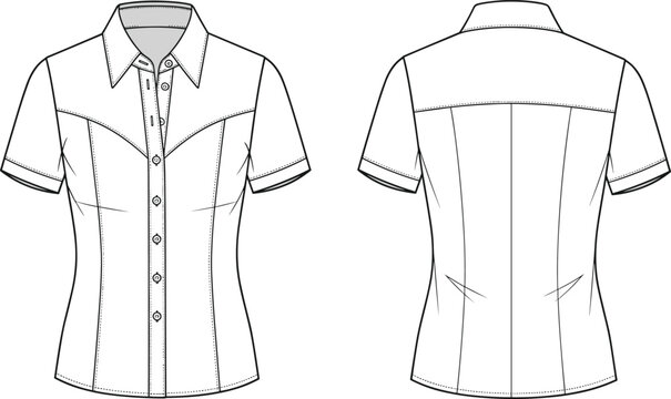 Technical fashion flat sketch of women short sleeve button down shirt with collar and back yoke details for apparel design and garment manufacturing vector