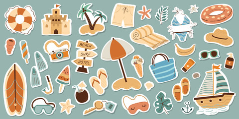 A collection of stickers of beach items. Travel concept. Hand drawn flat cartoon elements. © nafanya241