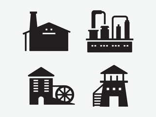 Fototapeta premium Industrial Factory and Mill Buildings Solid Black Vector Icon Set