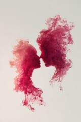 Romantic love theme for Valentines Day. In this image we can see two human silhouettes in red color smoke against a white background.
